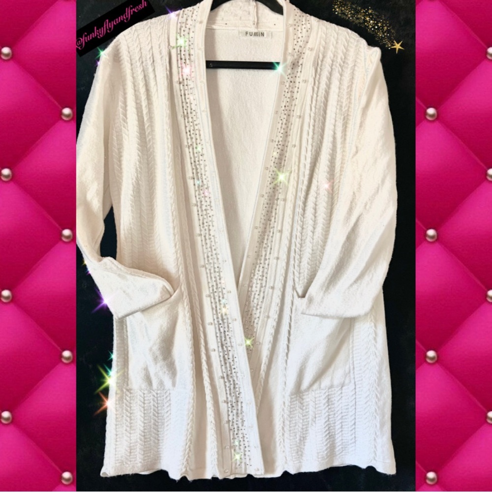 Ms Minn’s, “FuMin,” 100% accrue cashmere beaded & pearl studded cardigan.